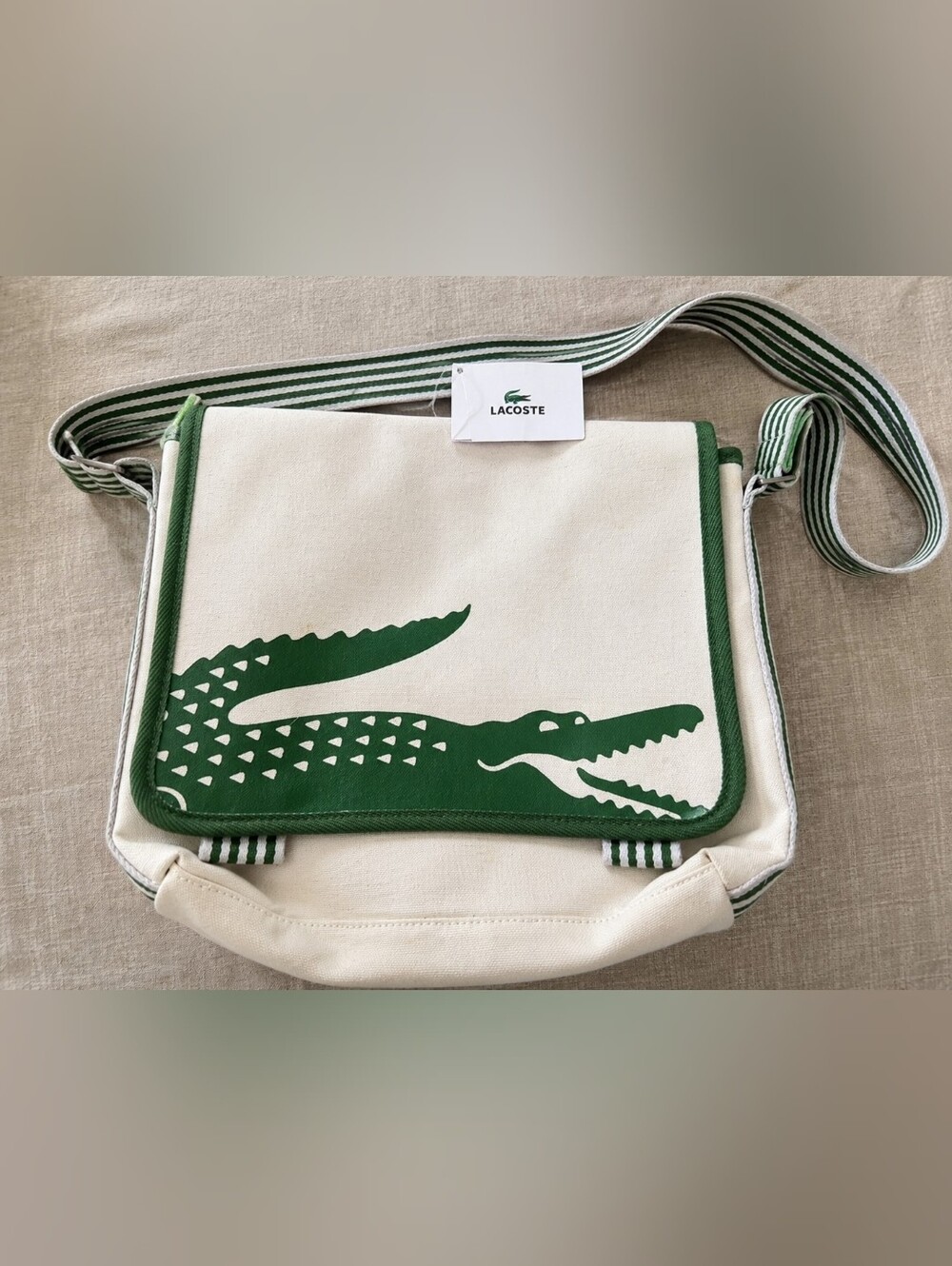 Lacoste NWT Cream Canvas Messenger Bag with Green Crocodile Graphic